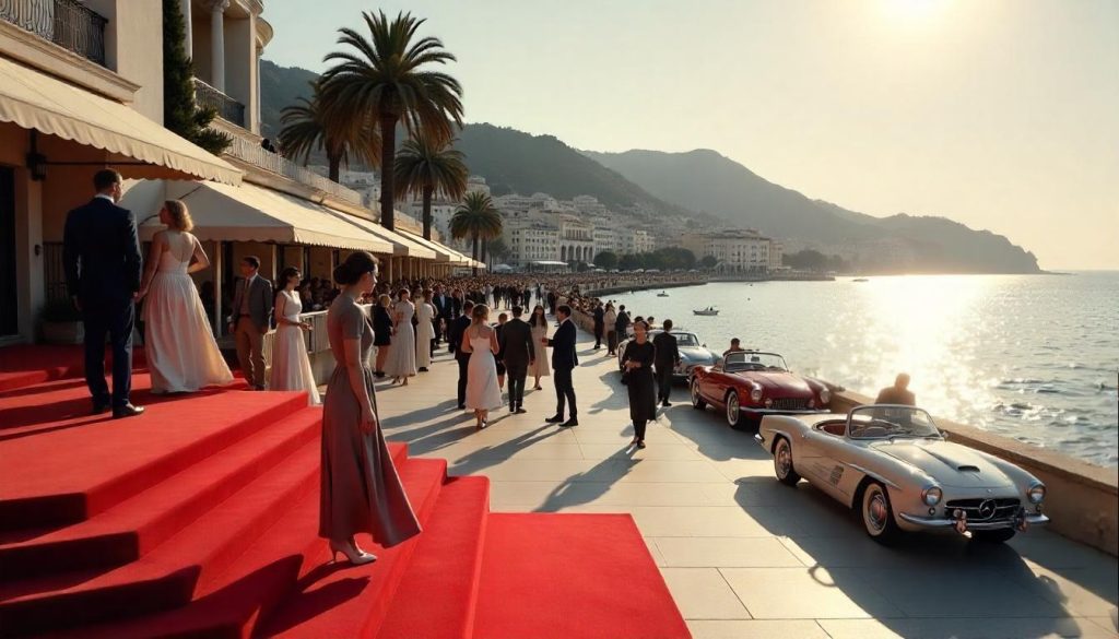 Participanți la Festivalul de Film de la Cannes în timpul istoriei Coastei de Azur, pozând pe covorul roșu, cu La Croisette în vedere.