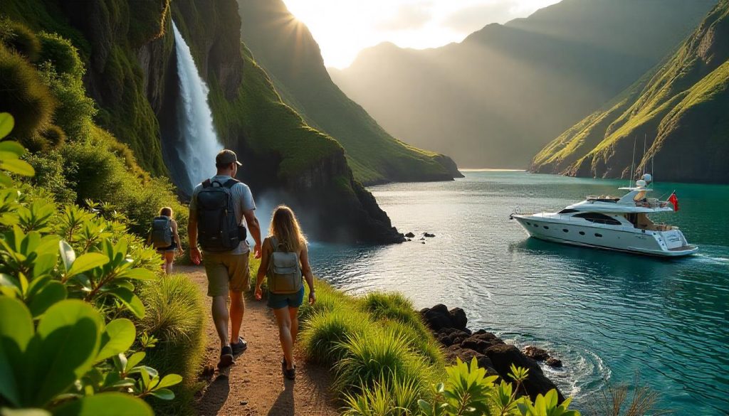 Family hiking to Hakaui waterfall with a yacht in Hakatea Bay, enjoying an exploring Marquesas Islands yacht Polynesia adventure.