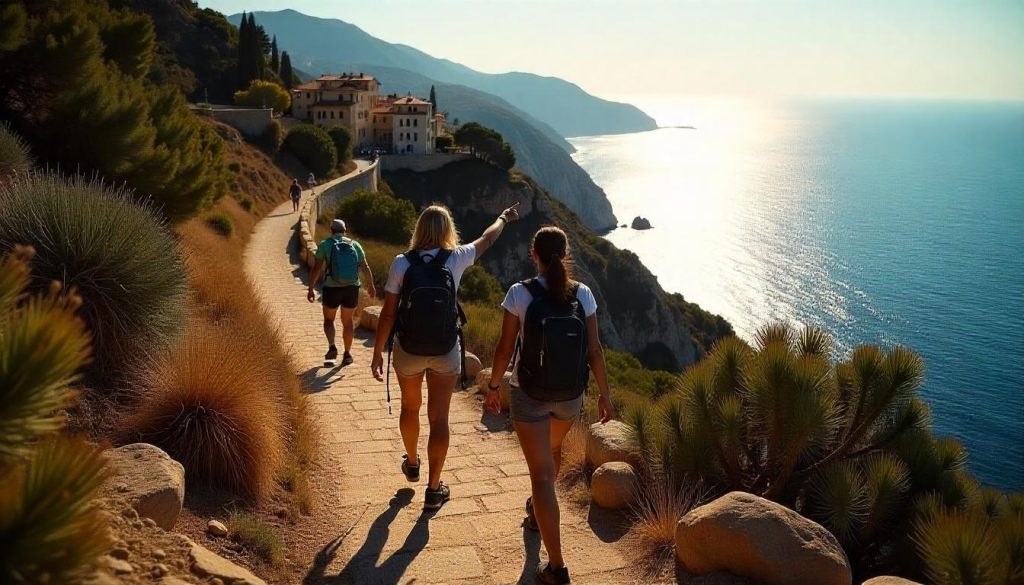 Hikers on the Nietzsche Path in Èze during hiking the Côte d'Azur, with the medieval village and sea in the background.