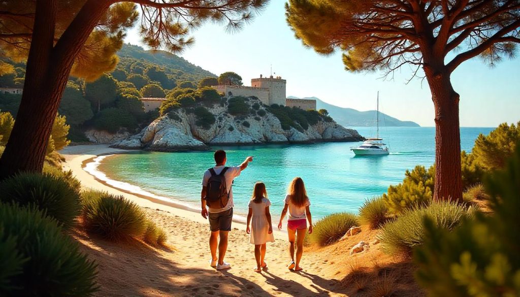 Family on Île Sainte-Marguerite during exploring the Côte d'Azur, with a yacht and Fort Royal under a sunny sky.