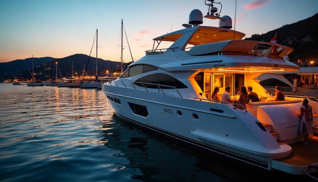 Motor yacht at Marina Ibiza during the cost yachting Spain, with friends dining on the deck and the marina in the background.
