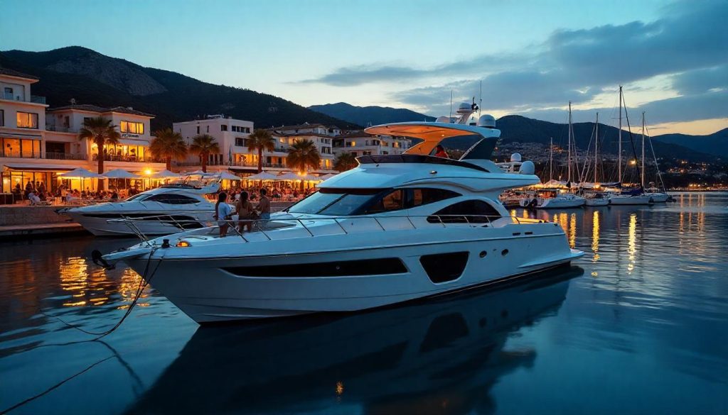 Yacht in Puerto Banús during Spain yachting culture, with friends partying on the deck and the marina in the background.