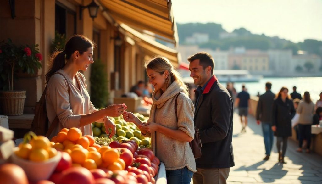 Couple at Marché Provençal in Antibes, one of the best coastal towns Côte d'Azur, with fresh produce and historic ramparts in the background.