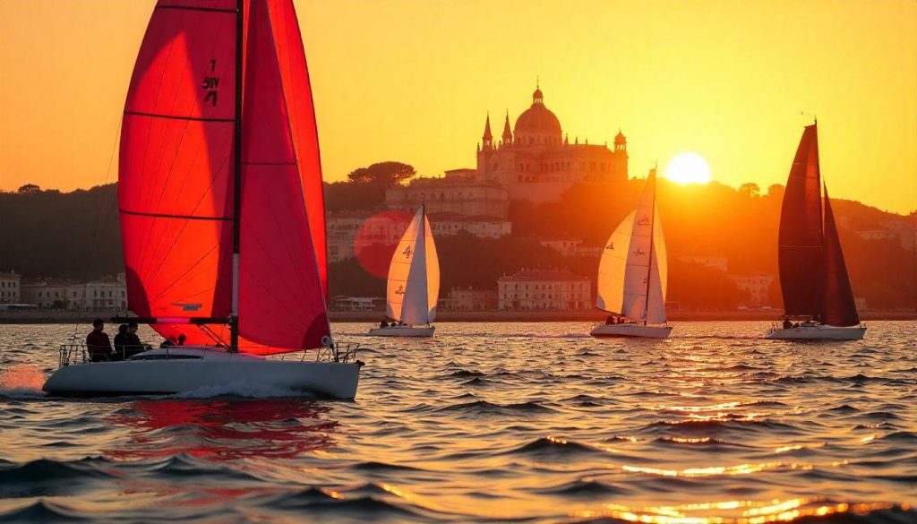 TP52 yachts racing in Palma during history yachting Spain, with La Seu Cathedral in the background at sunset.