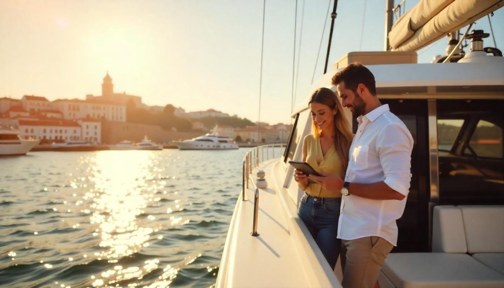 Yacht at Marina de Lisboa during the cost yachting Portugal, with a couple budgeting and the Belém Tower in the background.