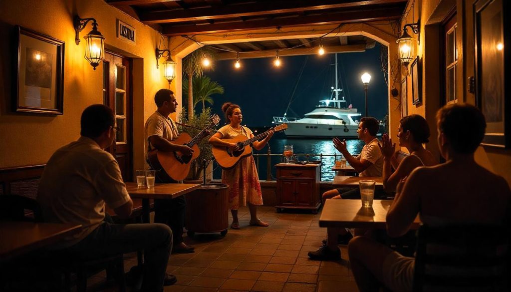 Morna music performance at Café Lisboa, Mindelo, with a yacht in the harbor, capturing the Cape Verde sailing adventure’s cultural charm.