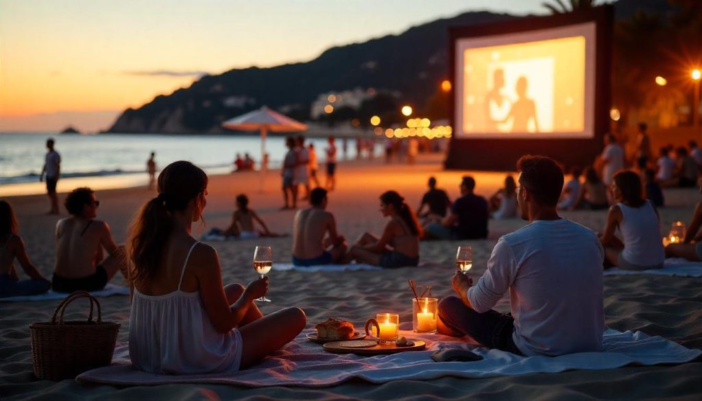 Dav lidí na Cinéma de la Plage sledující film během filmového festivalu v Cannes, v dálce Palais des Festivals.