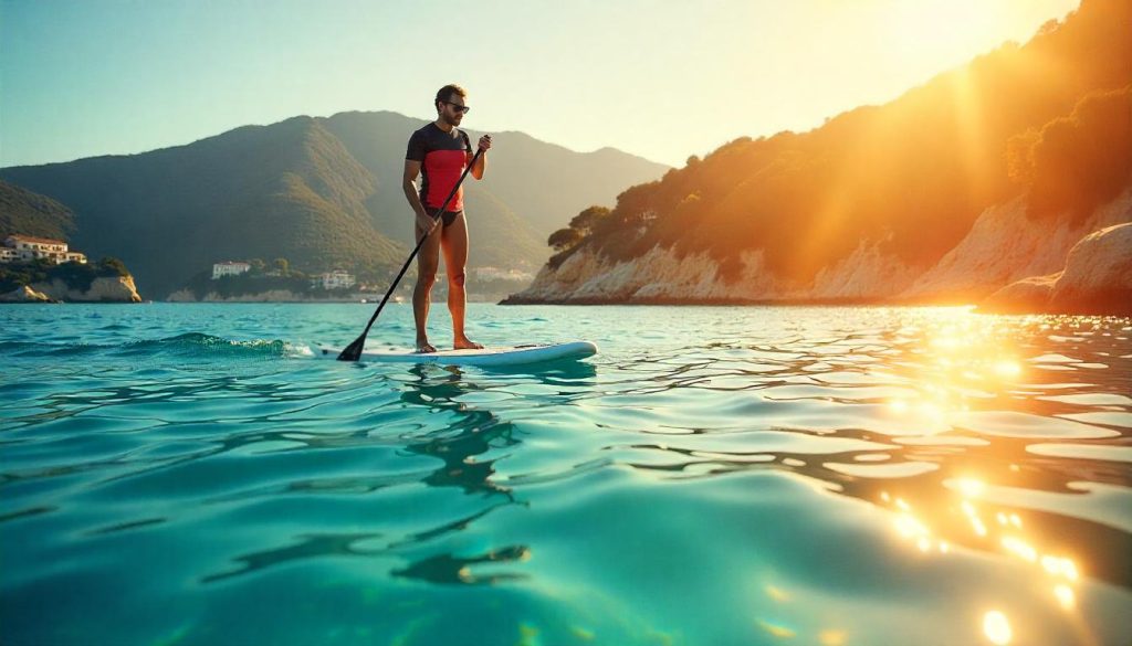 Paddleboarder on Plage de Paloma during water sports Côte d'Azur, with Saint-Jean-Cap-Ferrat’s villas in the background.