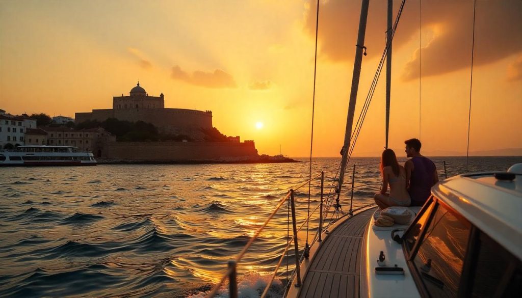 Yacht near Cádiz during yachting history Spain, with a family on the deck and the fortress in the background.