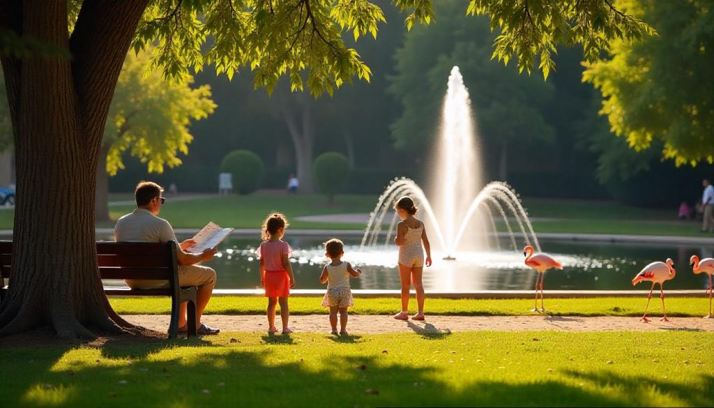 Děti na dětském hřišti Parc Phoenix v Nice na Azurovém pobřeží pro rodiny s dětmi, s jezerem a plameňáky v blízkosti.