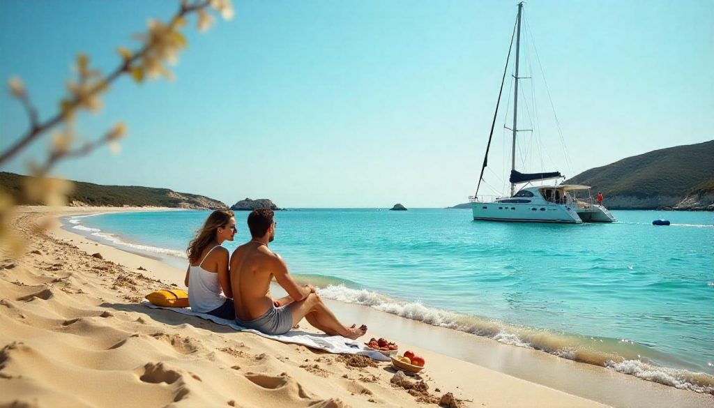 Yacht at Ilha de Tavira during day trips yacht Portugal, with a couple picnicking and the beach in the background.