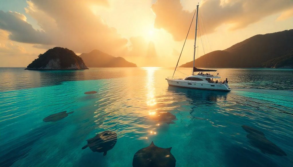 Yacht off Misool during yachting Asia exotic destinations, with divers and mushroom-shaped islands in the background.