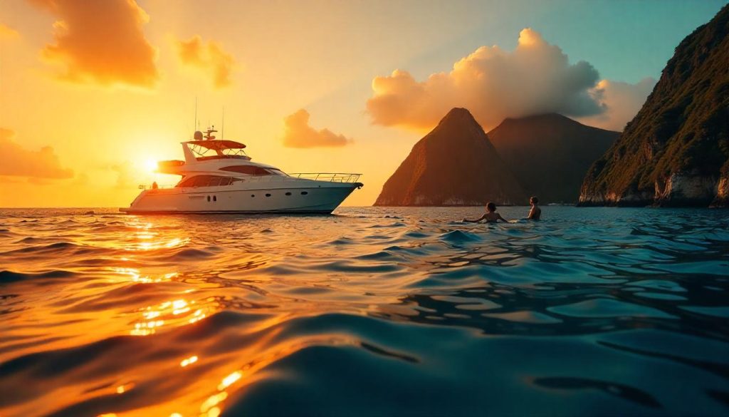 Yacht near the Pitons during yachting journeys Caribbean islands, with a couple snorkeling and volcanic peaks in the background.