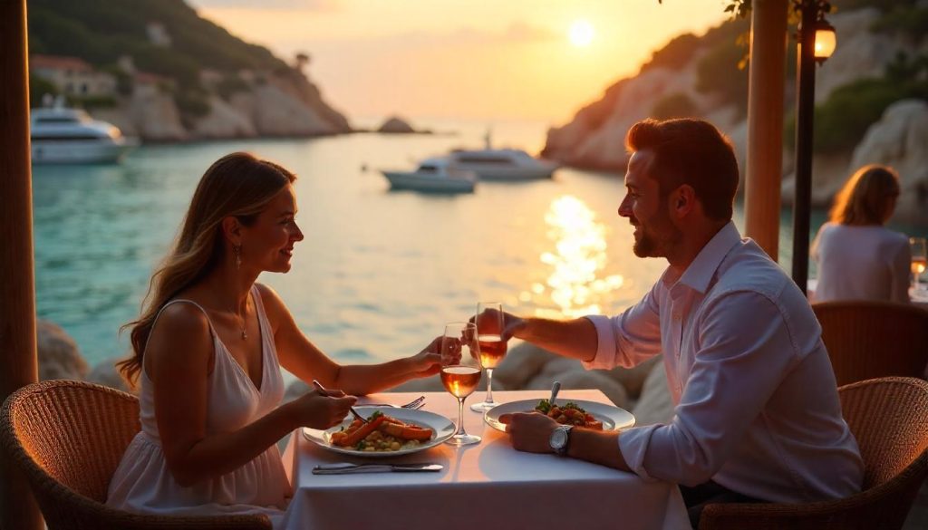 Couple dining on bouillabaisse during Côte d'Azur cuisine experience in Villefranche-sur-Mer, with rosé and a sunset view.