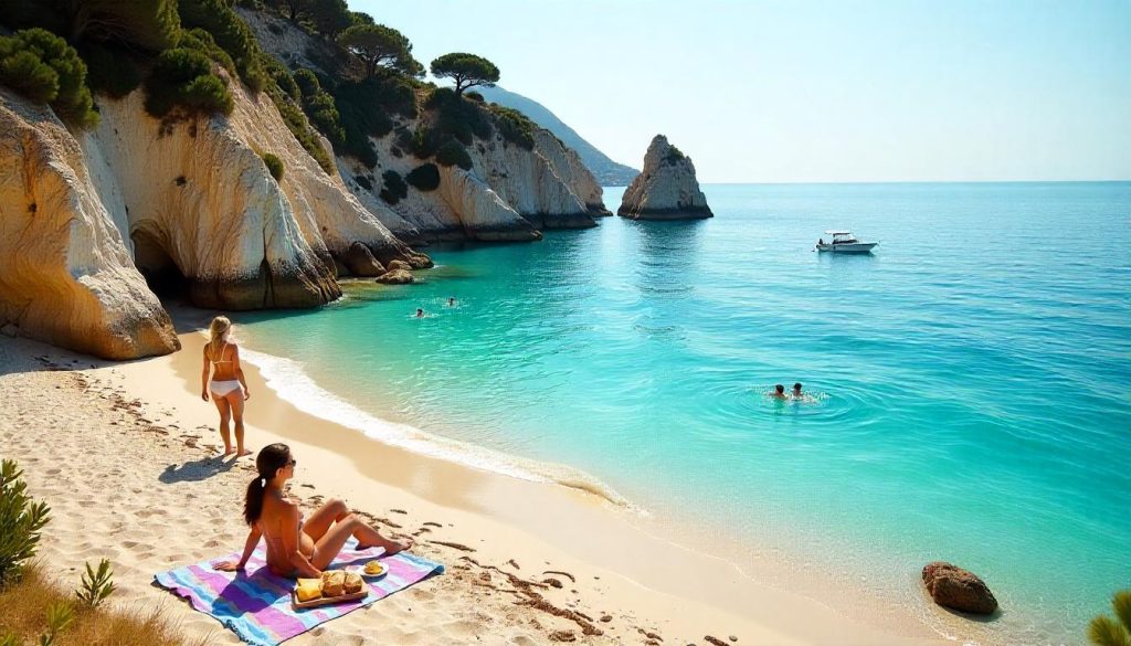 People at Plage Mala in Cap d’Ail during day trips from Nice, swimming and picnicking with the Sentier du Littoral nearby.