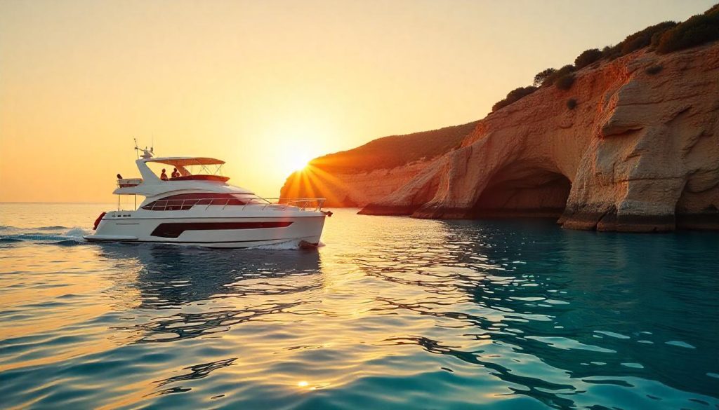 Yacht at Cala Pregonda during yachting Menorca, with a family on the deck and the beach in the background.
