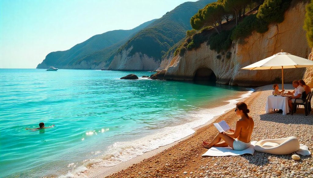 Κολυμπάτε στο Plage Mala, μία από τις 10 καλύτερες παραλίες της Κυανής Ακτής, με φόντο ένα γιοτ και ένα εστιατόριο στην άκρη του βράχου.