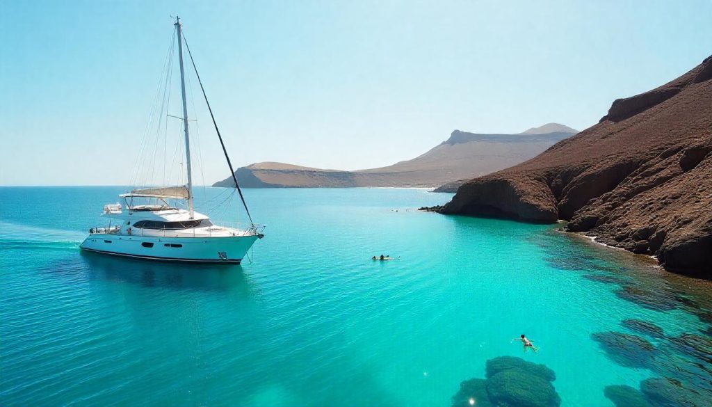 Yacht at Playa Papagayo during yachting Canary Islands, with a couple snorkeling and volcanic cliffs in the background.