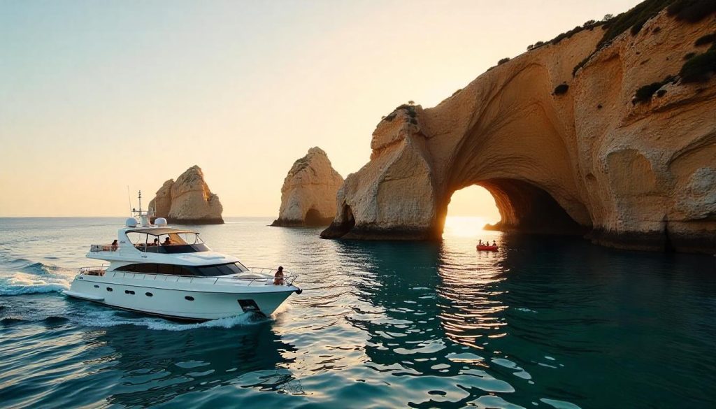 Yacht at Ponta da Piedade during Porto Lagos yachting, with a family in a dinghy and the cliffs in the background.