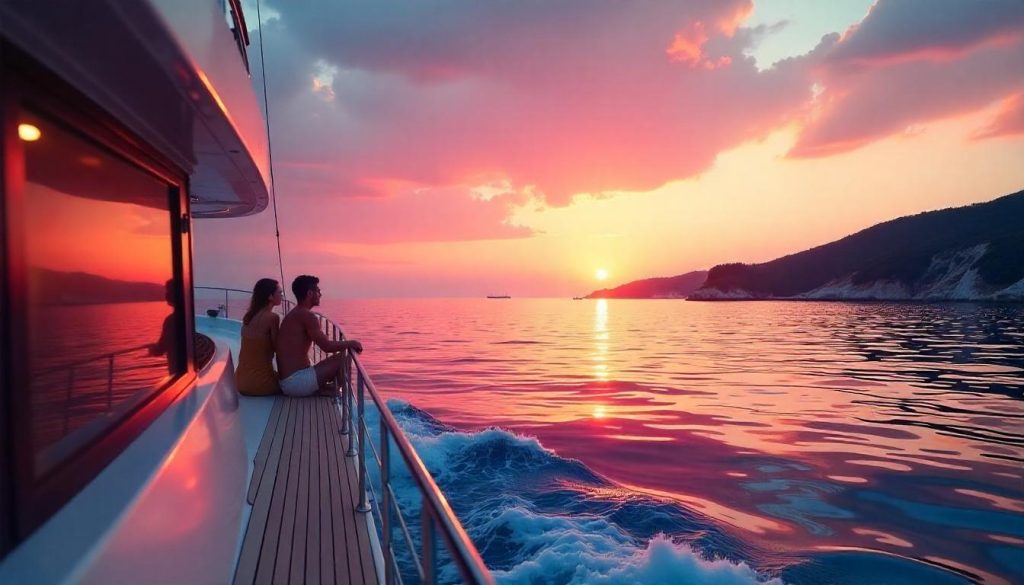 Dalmatian Coast yachting depicted through a stunning sunset scene with vibrant colors reflecting off the water.  