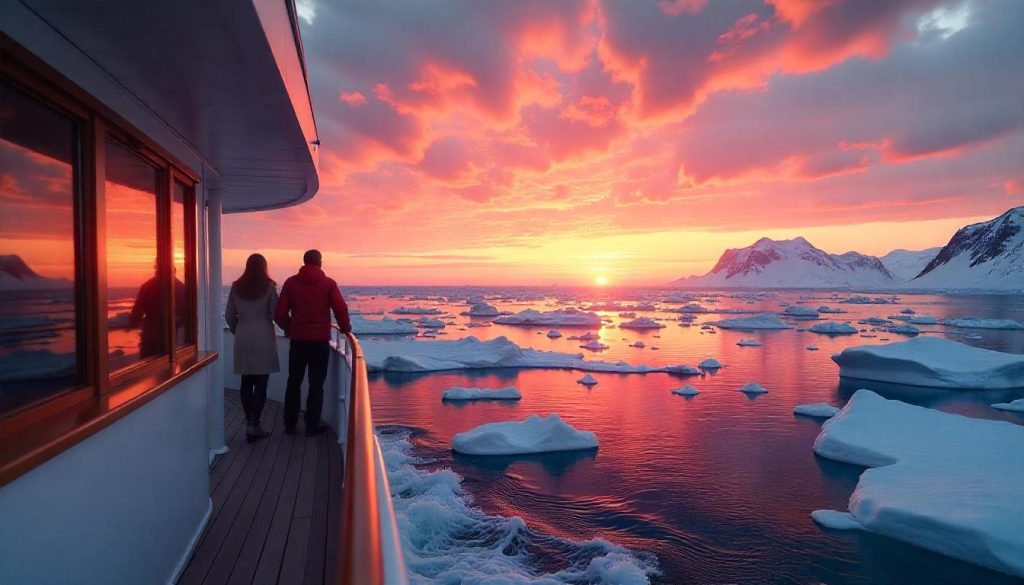 Yachting in Antarctica depicted through a stunning sunset scene with vibrant colors contrasting against the icy landscape.  