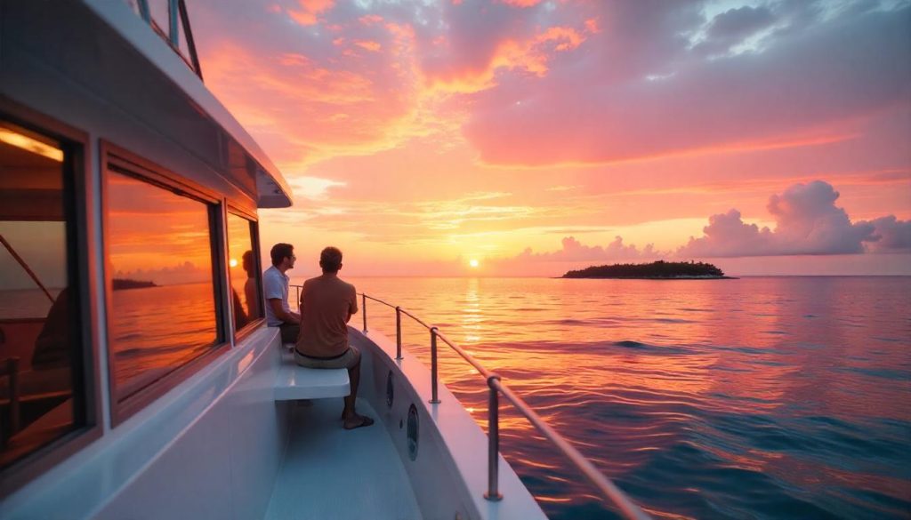 Yatla Florida Keys, sudan yansıyan canlı renklerle çarpıcı bir gün batımı sahnesiyle tasvir edilmiştir.