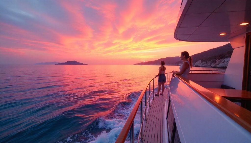 La navigazione nel Mar Ionio è raffigurata in una splendida scena di tramonto con colori vivaci che si riflettono sull'acqua.  