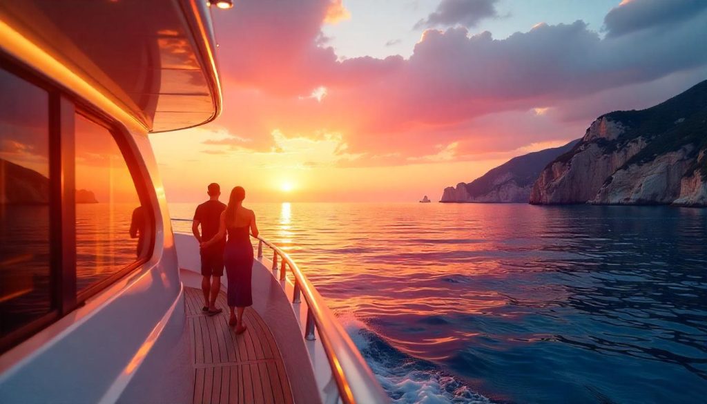 Yachting in Monaco depicted through a stunning sunset scene with vibrant colors reflecting off the water.  