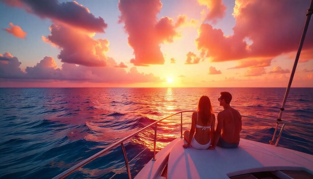 Yachting Fiji coral reefs depicted through a stunning sunset scene with vibrant colors reflecting off the water.  