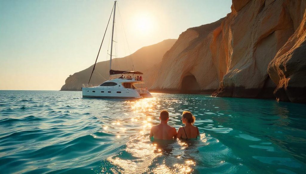 Σκάφος στην παραλία Burriana στη Nerja κατά τη διάρκεια ιστιοπλοΐας στην Costa del Sol, με ένα ζευγάρι να κολυμπάει και τους βράχους στο βάθος.