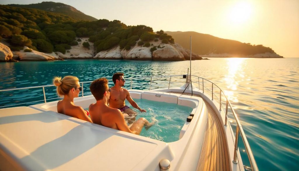 Yacht at Cala d’Or in Mallorca during luxury yacht charters Spain, with friends in a jacuzzi and pine-fringed beaches in the background.