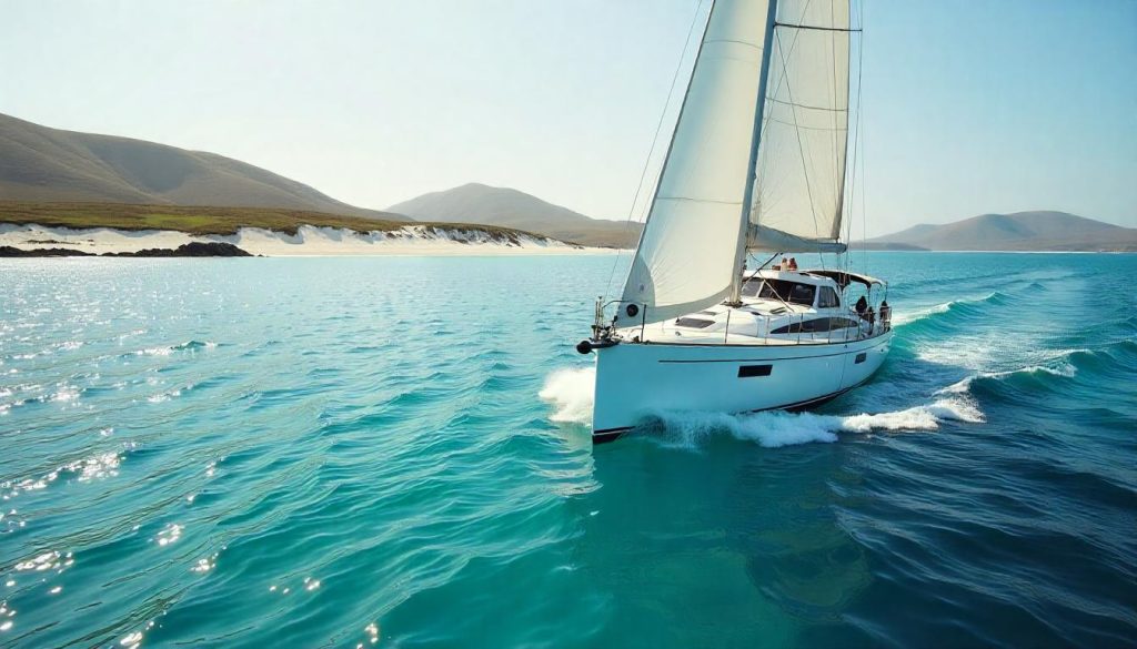 Sailing Scottish Hebrides depicted through a yacht exploring the turquoise waters and white sandy beaches of the Outer Hebrides.