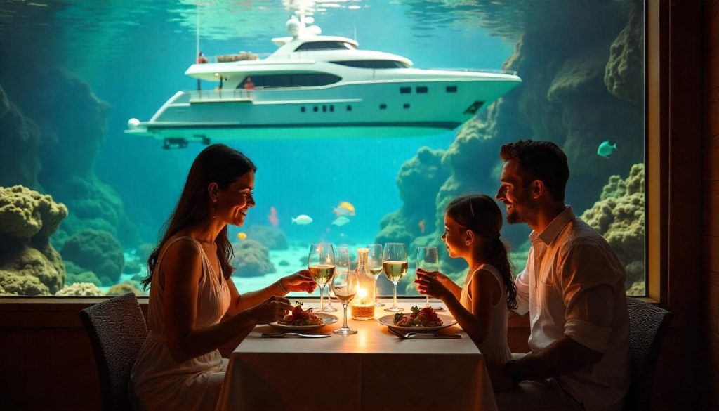 Family dining underwater at Ithaa Restaurant, enjoying a yachting Maldives beyond atolls adventure with marine views.