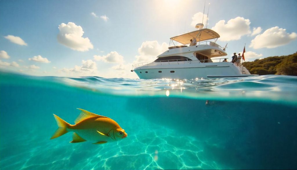 Yacht off the Exumas during yachting photography perfect shots, with a photographer using a GoPro underwater and turquoise waters in the background.