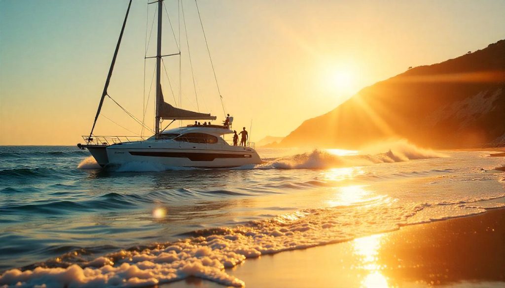 Yacht at Praia de Carcavelos during Portugal best beaches yachting, with surfers and the shoreline in the background.