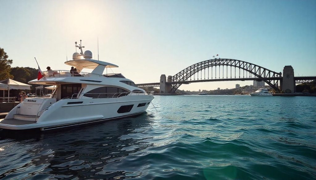 Yacht at Rushcutters Bay during world’s best marinas ports, with Sydney Opera House and Harbour Bridge in the background.