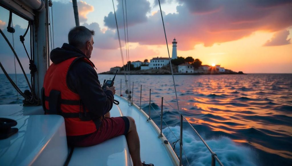 Yacht off Tabarca Island during yachting safety Spain, with the captain using a VHF radio and the island in the background.