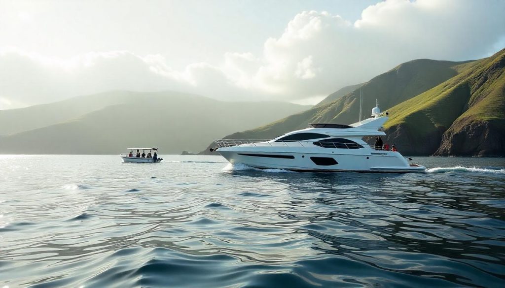 Yacht at Porto Pim Bay during eco-friendly yachting Portugal, with a whale-watching tour and hills in the background.