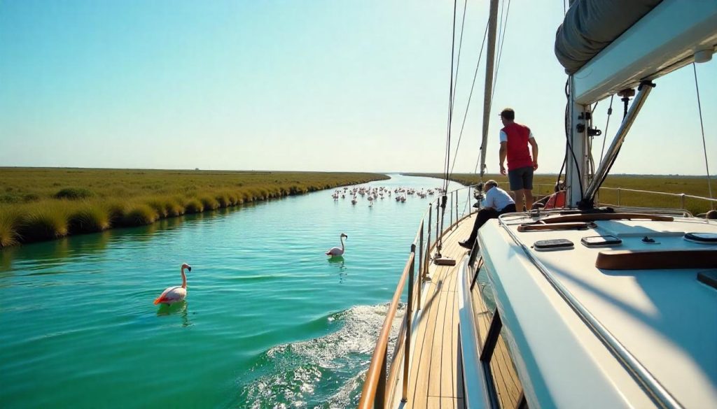 Yacht near Olhão during a Ria Formosa yacht adventure, with a crew spotting flamingos and greenery in the background.