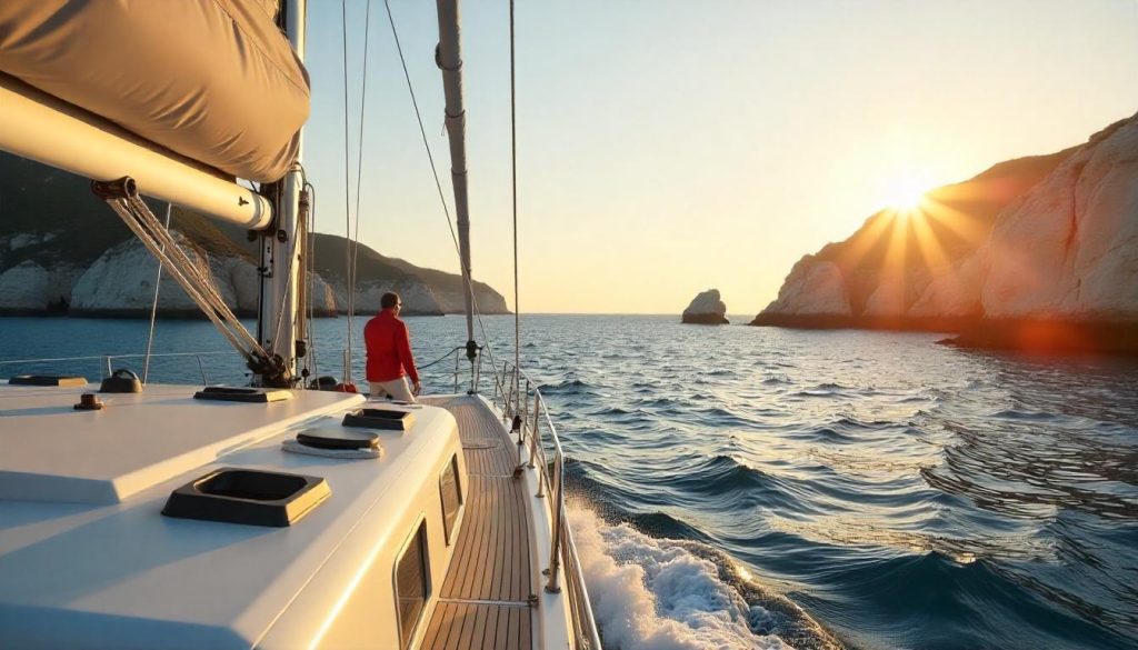 Yacht near Estelas islets during yachting Berlengas Islands, with a crew spotting dolphins and rocks in the background.