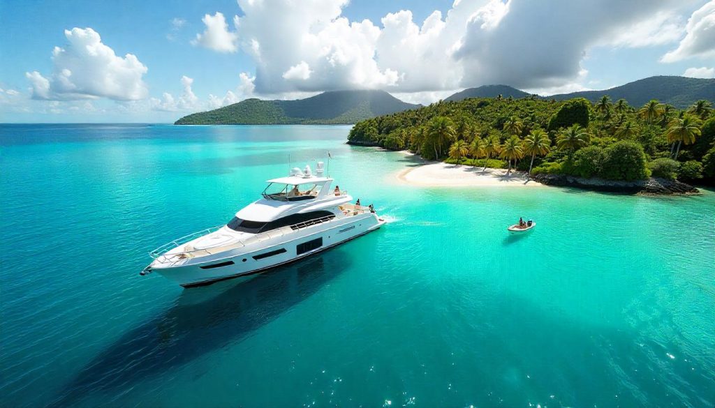 Diving Coral Triangle depicted through a yacht anchored near a scenic tropical island with vibrant surroundings.