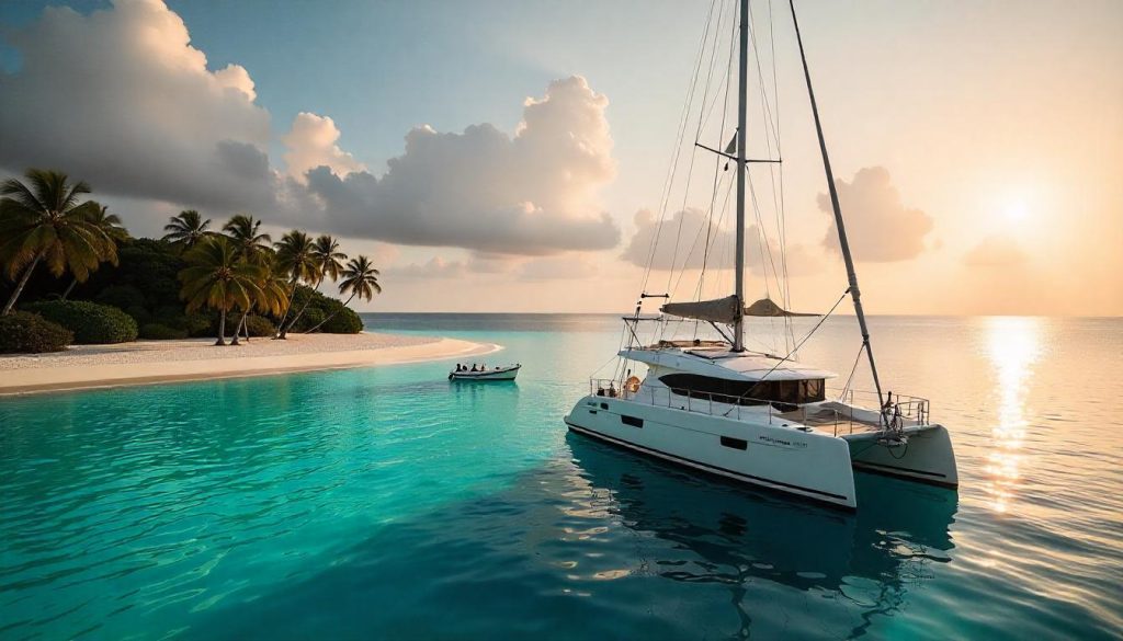 Navigating Panama Canal depicted through a yacht anchored near the tranquil San Blas Islands with vibrant sunset colors.  