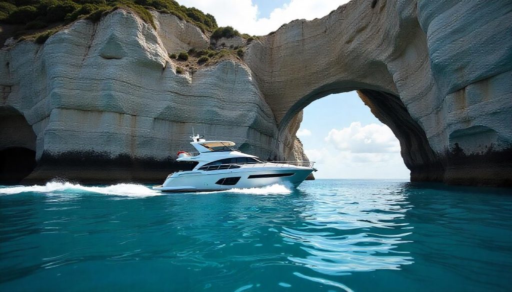 Sunseeker 76 Yacht at Hole in the Rock, highlighting Bay of Islands yachting in 2025.