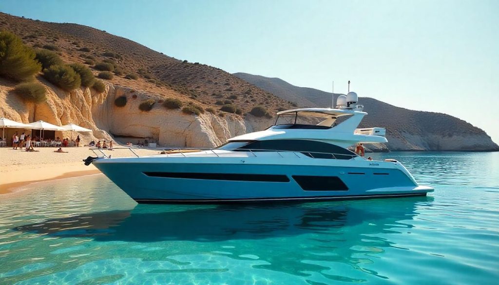 Yacht at Psarou Beach, capturing Mykonos’s vibrant party scene in 2025.