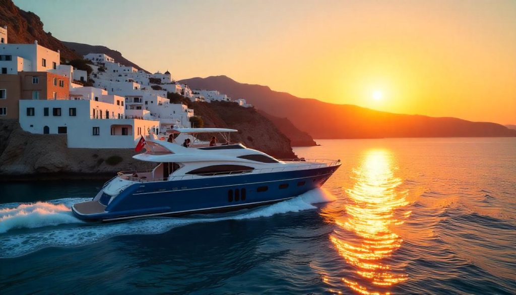 Yacht by Santorini Caldera, capturing romance at sunset.