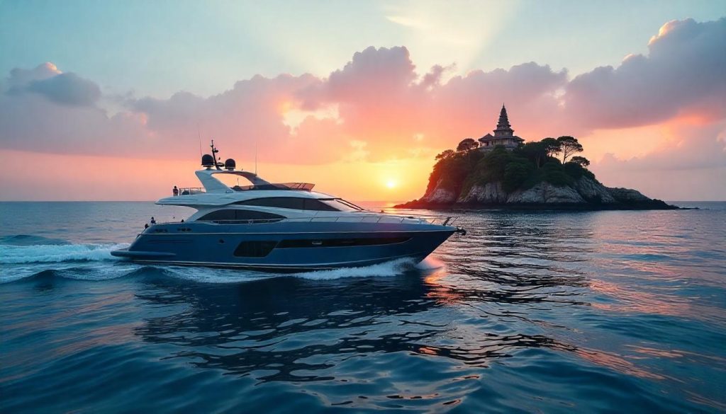 Yacht by Tanah Lot Temple, highlighting the Bali yachting guide in 2025.