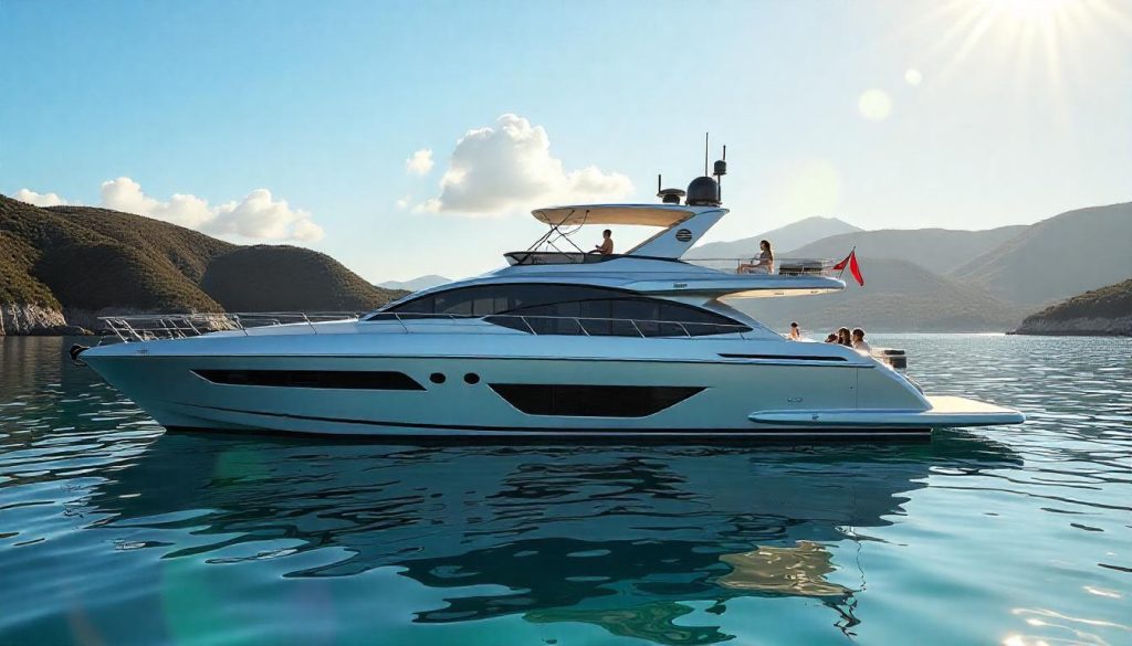 Sunseeker Predator 60 in Otehei Bay, highlighting yachting New Zealand Bay Islands in 2025.