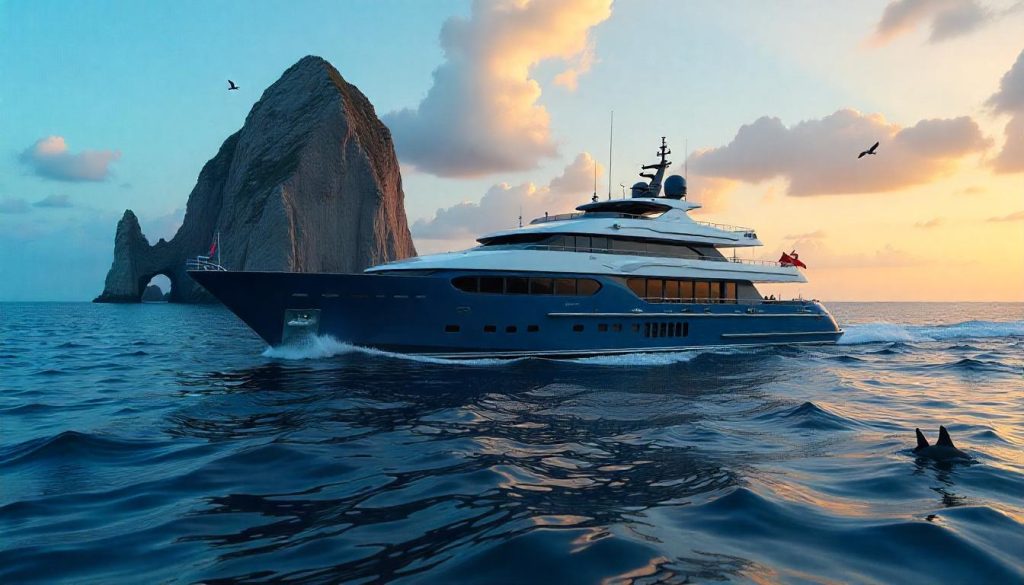 Yacht near Kicker Rock, highlighting yachting Galapagos wildlife luxury in 2025.