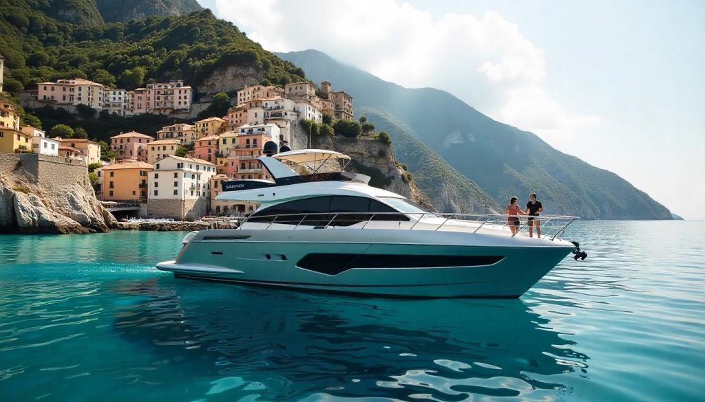 Sunseeker 65 Sport Yacht near Positano, highlighting Mediterranean yachting routes in 2025.
