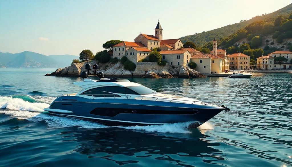 Jacht w pobliżu Sveti Stefan, podkreślający żeglarstwo na Adriatyku w Czarnogórze w 2025 roku.